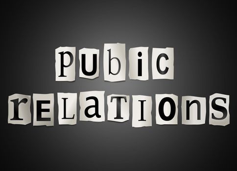 Illustration depicting cutout printed letters arranged to form the words public relations.