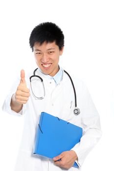 Happy Asian young male doctor showing thumb up and holding a folder