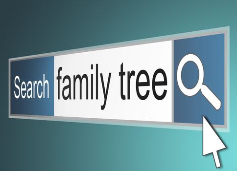 Illustration depicting a computer screenshot of a search bar with the words family tree.