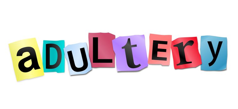 Illustration depicting cutout printed letters arranged to form the word adultery.