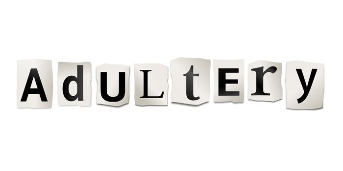 Illustration depicting cutout printed letters arranged to form the word adultery.