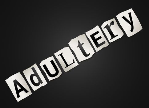 Illustration depicting cutout printed letters arranged to form the word adultery.