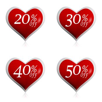 different percentages off rebate in 3d red hearts buttons, valentines day sale, seasonal business concept