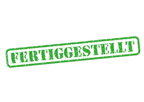 Fertiggestellt (Completed) Stempel/Stamp over a white background.