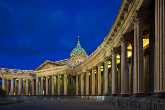 Kazan Cathedral in St. Petersburg's White Nights. Northern facade of a grand colonnade of 96 columns facing the Nevsky Prospekt. The picture was taken with the tilt-shift lens, vertical lines of architecture preserved