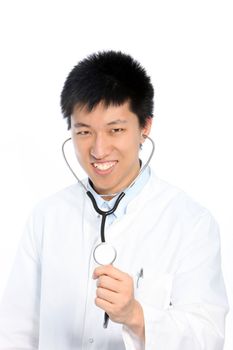 Asian confident young doctor listening with a stethoscope