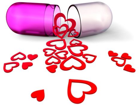 3d lilac love pill with assorted red hearts inside has opened and its contents are scattered as symbolizing victory of love on Valentine's Day