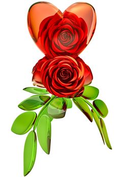 beautiful red roses with green leafs and glass heart as decoration for celebration of Valentine's Day