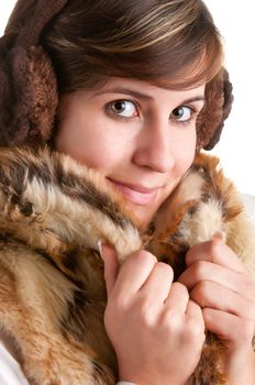 Cold Woman Snuggling in Warm Coat isolated in a white background