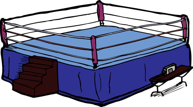 Boxing ring with judges table and staircase on white background