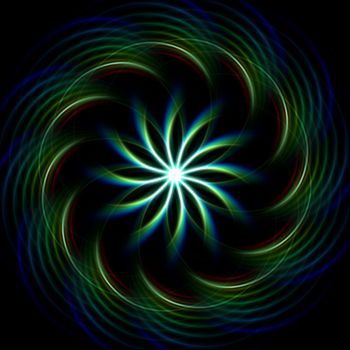 Blue green Glowing mandala over dark background