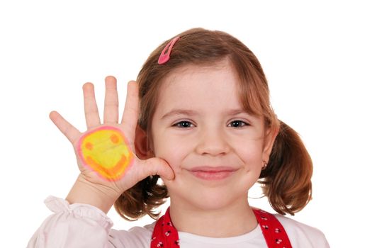 happy little girl with smiley on hand portrait