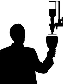 Illustration of a silhouette man holding a very large wine glass under a drinks optic