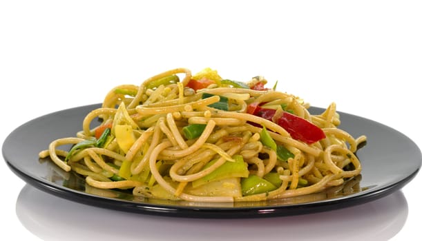 noodles and crackers asian dish on white background