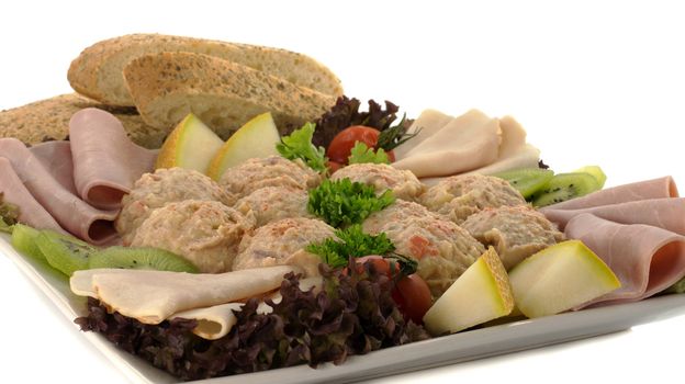 healthy food salad with bread and fruit