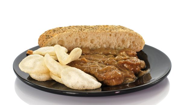asian dish with bread and sate on white background