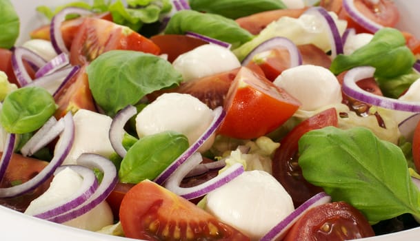 green salad with red onion and tomato