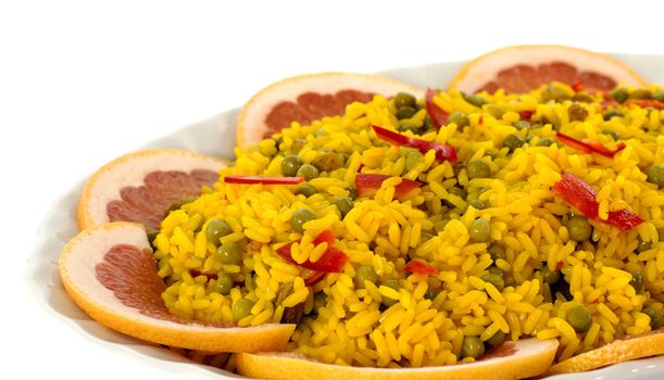 diner dish with yellow rice and red peppers