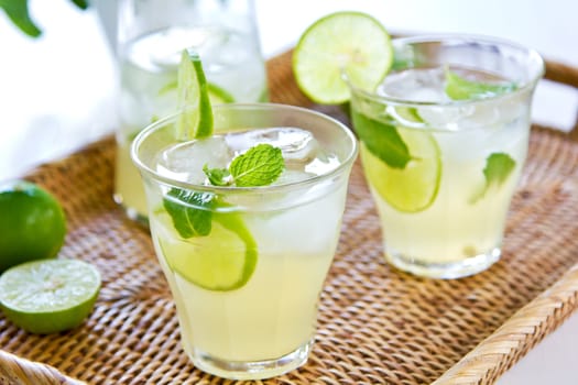 Lime juice with mint in jug and glasses