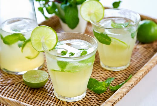 Lime juice with mint in jug and glasses