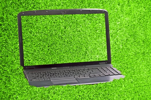 Laptop in green grass