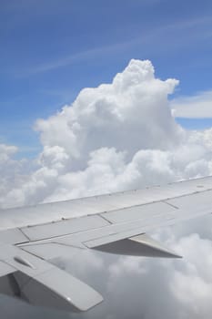 wing of the airplane under the clouds