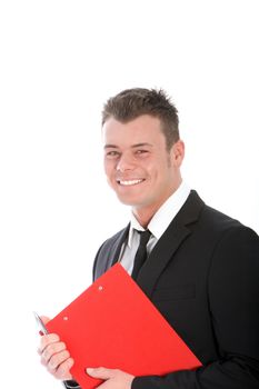 Happy young businessman wearing a black suit and holding a red file