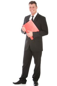 Studio shot of smiling businessman with red folder isolated on white