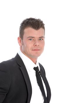 Portrait of handsome confident man in suit isolated on white