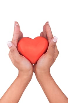 Red heart in woman's hands isolated on white