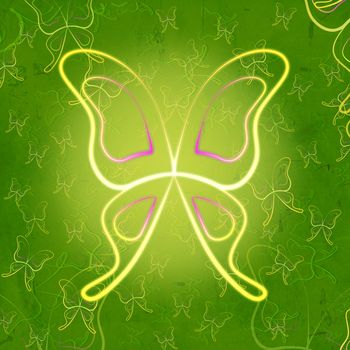 vintage shining yellow butterflies over green old paper background