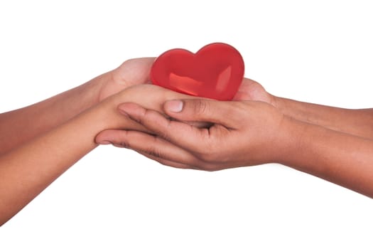 african Man and woman holding red heart in hands isolated on white