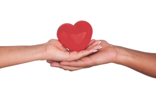 african Man and woman holding red heart in hands isolated on white