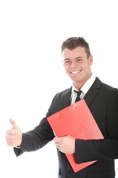 Confident smiling young male businessman showing thumb up