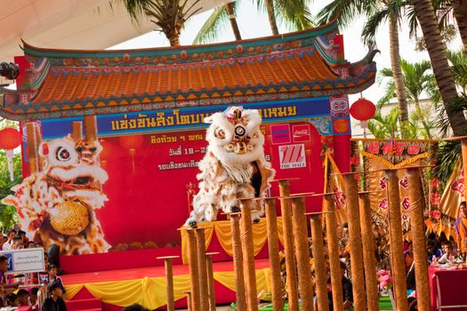 BANGKOK,/THAILAND-JANUARY 20:  lion dance dressing during parade in Chinese New Year Celebrations on January 20, 2013 in BANGKOK