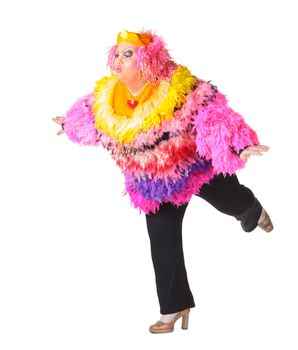 Cheerful man, Drag Queen, in a Female Suit, over white background