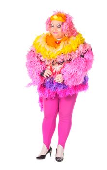 Cheerful man, Drag Queen, in a Female Suit, over white background