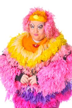 Cheerful man, Drag Queen, in a Female Suit, over white background