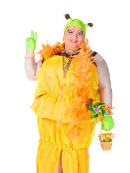 Cheerful man, Drag Queen, in a Female Suit, over white background