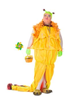 Cheerful man, Drag Queen, in a Female Suit, over white background