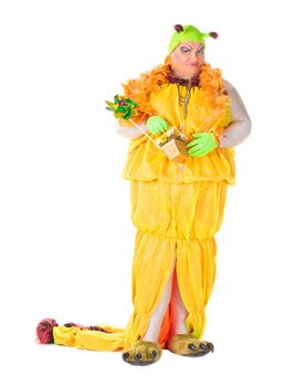 Cheerful man, Drag Queen, in a Female Suit, over white background