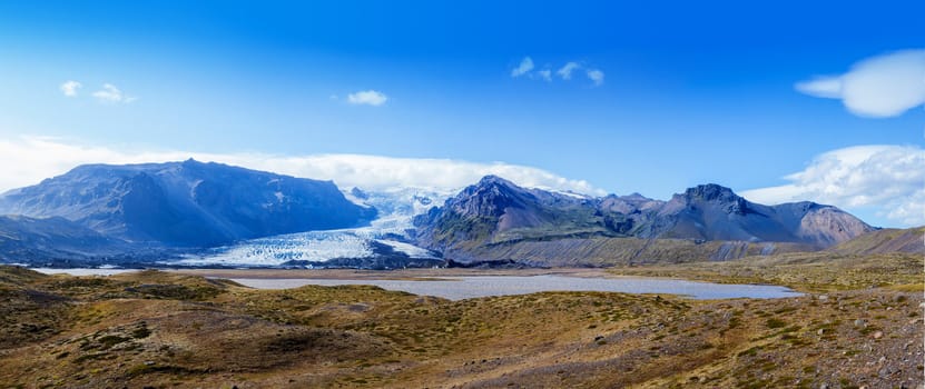 Panorama of the Vatnajokull Glacier Iceland. Shot during the summer this is the biggest glacier in Europe and is in the Skaftafell National Park.