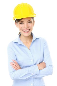 Engineer, entrepreneur or architect business woman. Portrait of smiling happy, proud and confident young multiracial Asian Chinese / Caucasian female professional wearing yellow hard hat.