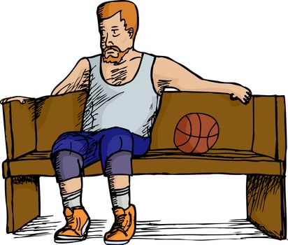 Mature heavyset basketball player sitting on bench over white background