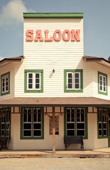 Saloon in Wild West style with blue sky