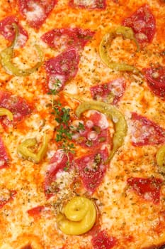 Italian pizza with salami and green pepperoni
