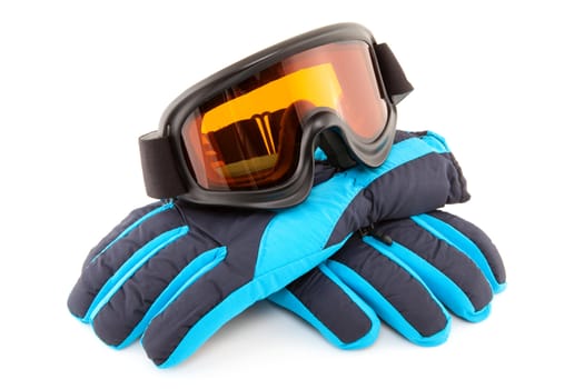 ski goggles and gloves isolated on white background