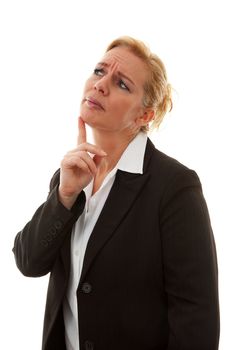 portrait of businesswoman thinking, over white background