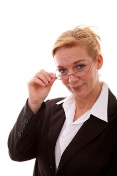 Businesswoman is looking at you holding glasses over white background