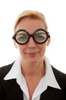 portrait of businesswoman with funny glasses over white background